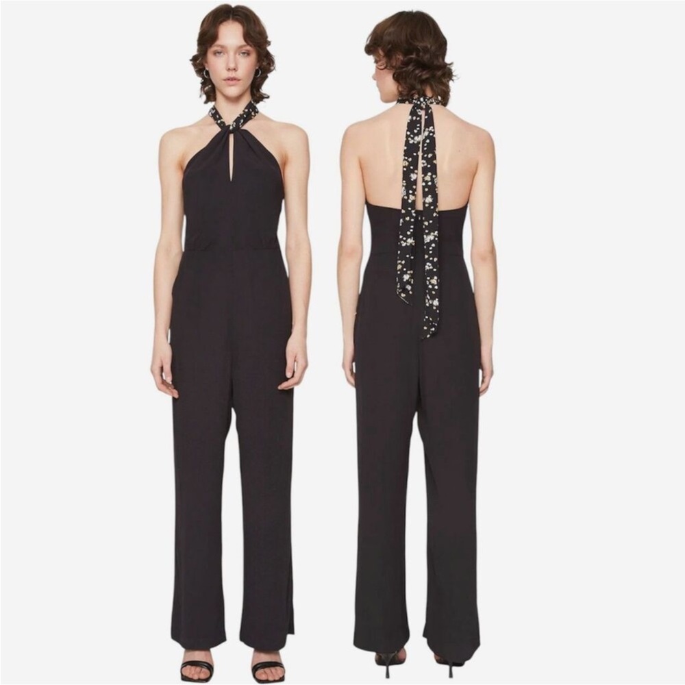 NWT Anthropologie Scotch & Soda Black Halter Jumpsuit with Floral Neck Tie